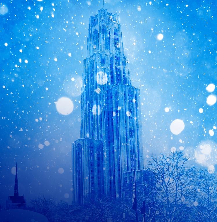 Cathedral of Learning with holiday and snowy artistic treatment